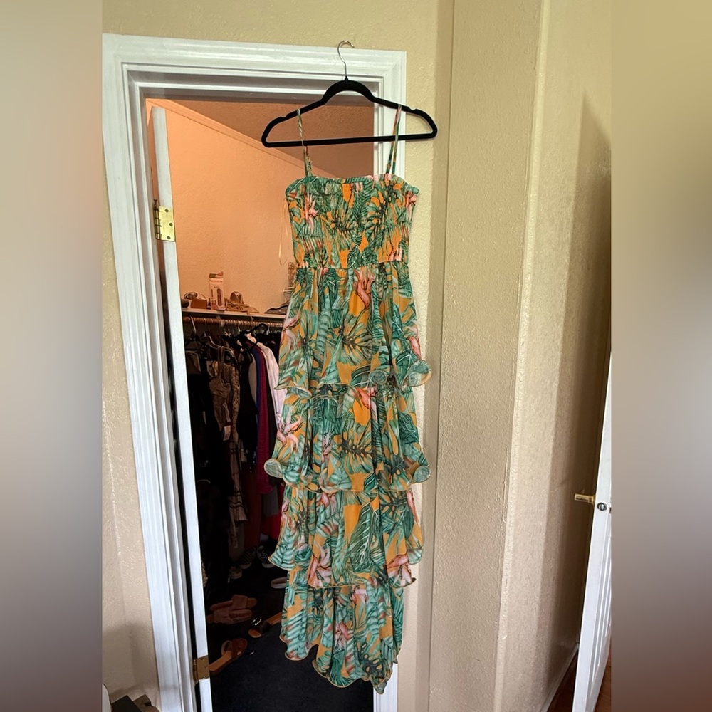 Fashion Nova Strapless Tropical Dress - Green, Orange, Pink